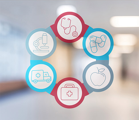Graphic of six interconnected line-drawing icons: stethoscope, medicine, apple, medical bag, ambulance, and microscope.